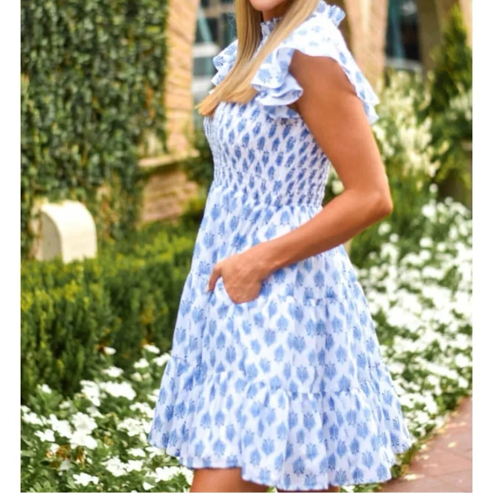 J Marie Annabelle Ruched Blue & White Medium Dress NWOT - Picture 2 of 5